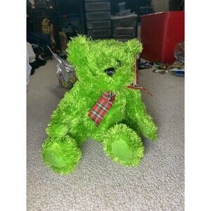 GANZ Murdoch Bear Lime Green Shaggy Plush Plaid Bow 8"